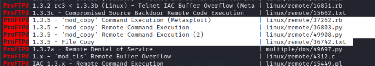 searchsploit results showing four hits for this ProFTPd version including mod_copy